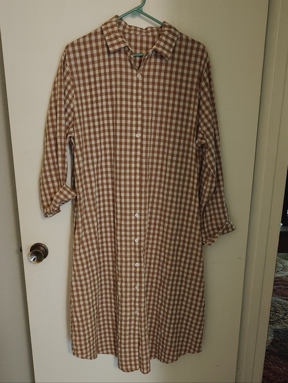 Brown Gingham Button-Up Shirtdress, Long Sleeves, XL, Never Worn